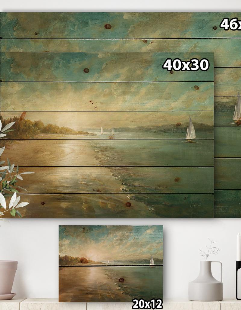 Designq Coastal Pastel Horizon - Nautical & Coastal Print On Natural Pine Wood