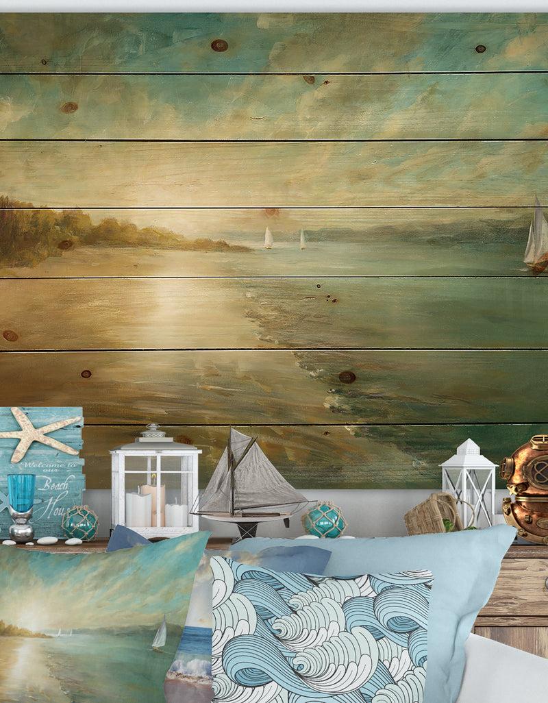 designq Coastal Pastel Horizon - Nautical & Coastal Print on Natural Pine Wood