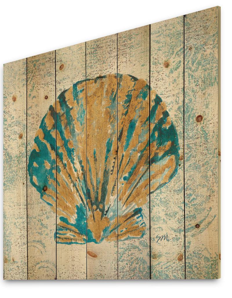 Designq Coastal Pastel Seashells I - Vintage Nautical Print On Natural Pine Wood