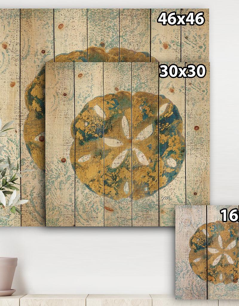 Designq Coastal Pastel Seashells II - Vintage Nautical Print On Natural Pine Wood