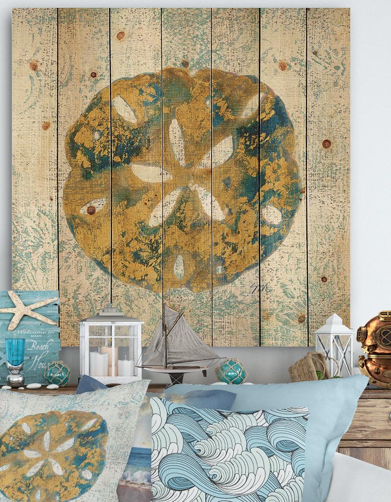 designq Coastal Pastel seashells II - Vintage Nautical Print on Natural Pine Wood