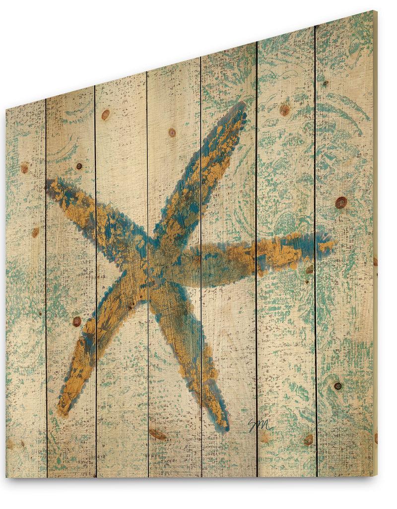 Designq Coastal Pastel Seashells III - Vintage Nautical Print On Natural Pine Wood