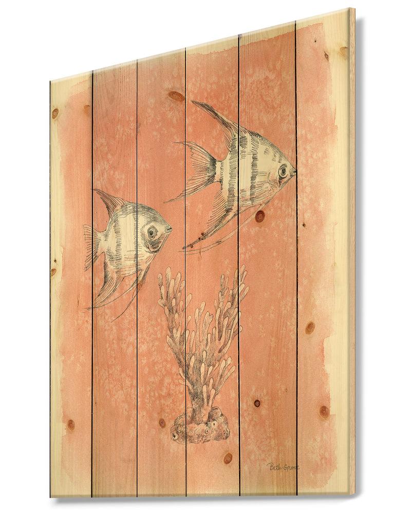 Designq Coastal Sea Life III Fish Sketches - Nautical & Coastal Print On Natural Pine Wood