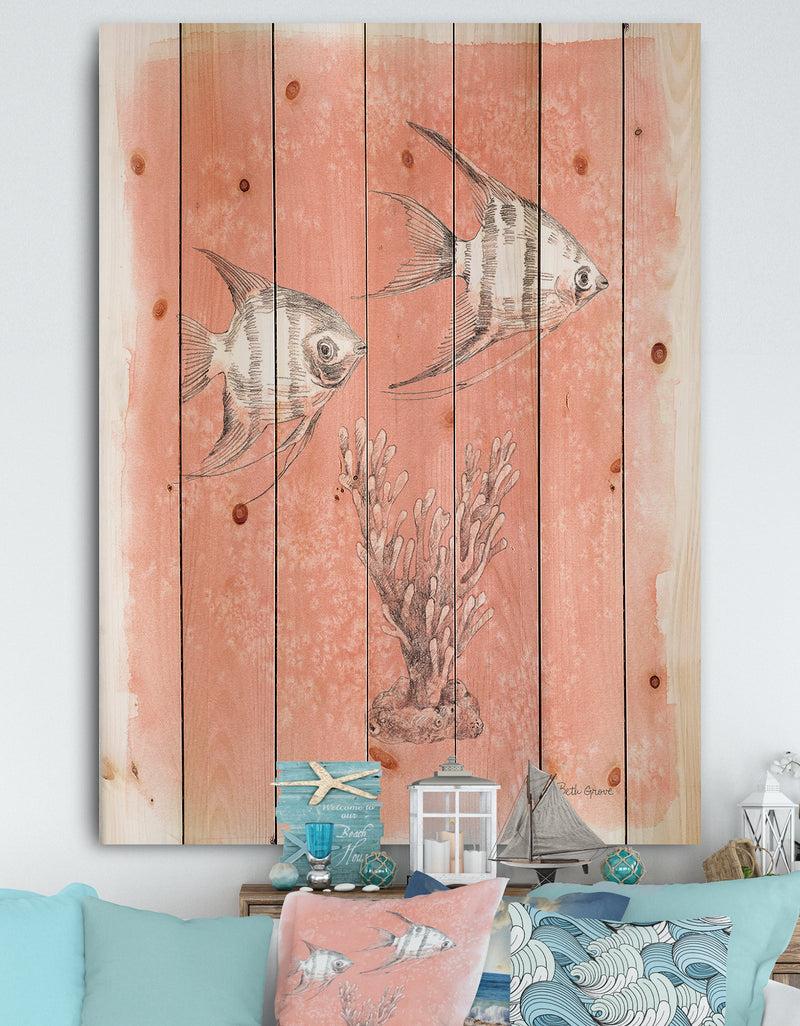 designq Coastal Sea Life III fish sketches - Nautical & Coastal Print on Natural Pine Wood