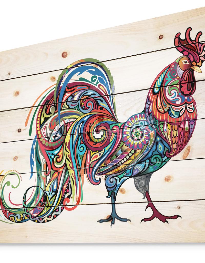 Designq Cockerel Farm Animal - Farmhouse Animals Of Painting Print On Natural Pine Wood
