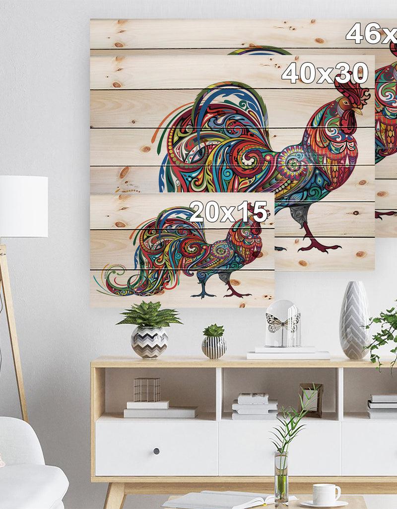 Designq Cockerel Farm Animal - Farmhouse Animals Of Painting Print On Natural Pine Wood