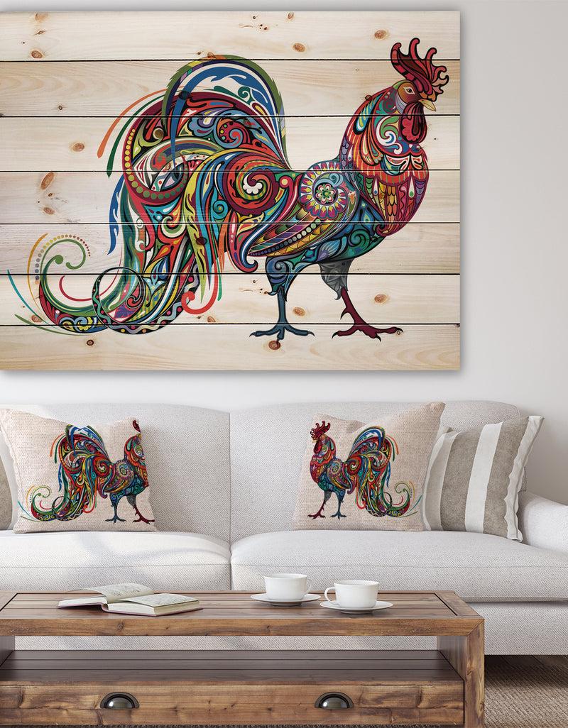 designq Cockerel farm animal - Farmhouse Animals of Painting Print on Natural Pine Wood