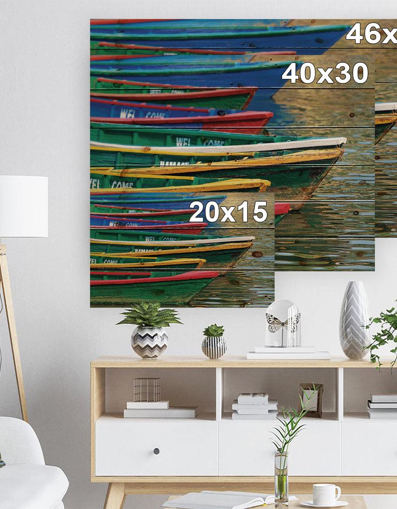 Designq Color Boats On Phewa Lake Nepal - Boat Print On Natural Pine Wood
