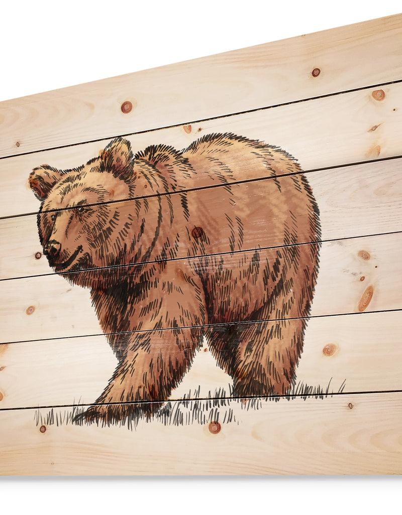 Designq Color Engrave Isolated Grizzly Bear - Animals Painting Print On Natural Pine Wood