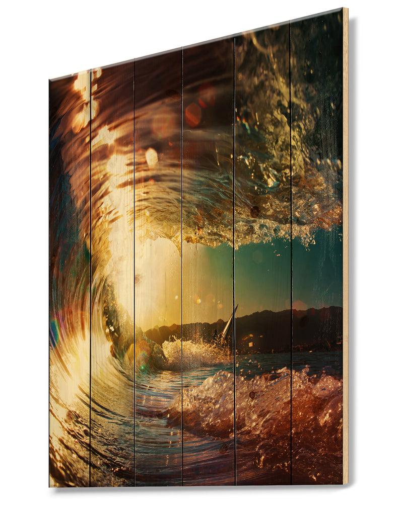 Designq Colored Ocean Waves Falling Down III - Modern Seashore Print On Natural Pine Wood