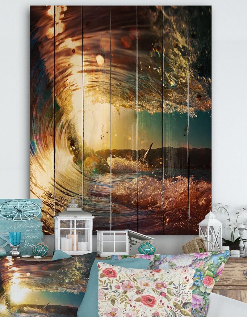 designq Colored Ocean Waves Falling Down III - Modern Seashore Print on Natural Pine Wood