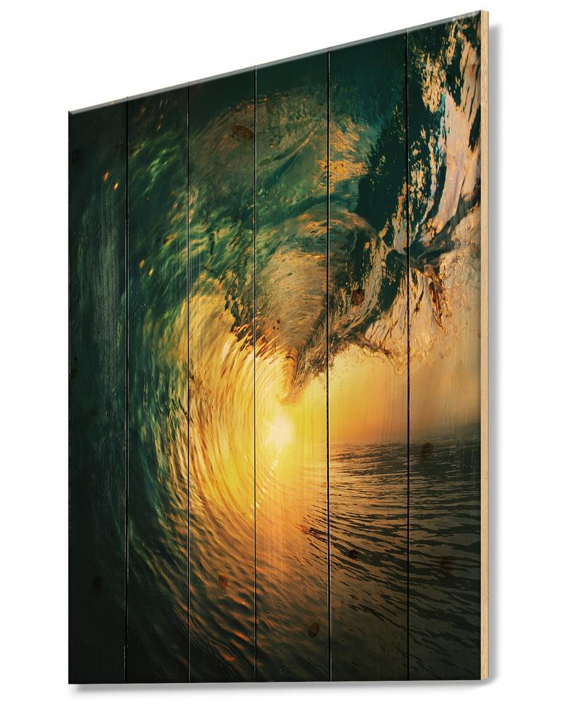 Designq Colored Ocean Waves Falling Down VI - Modern Seashore Print On Natural Pine Wood