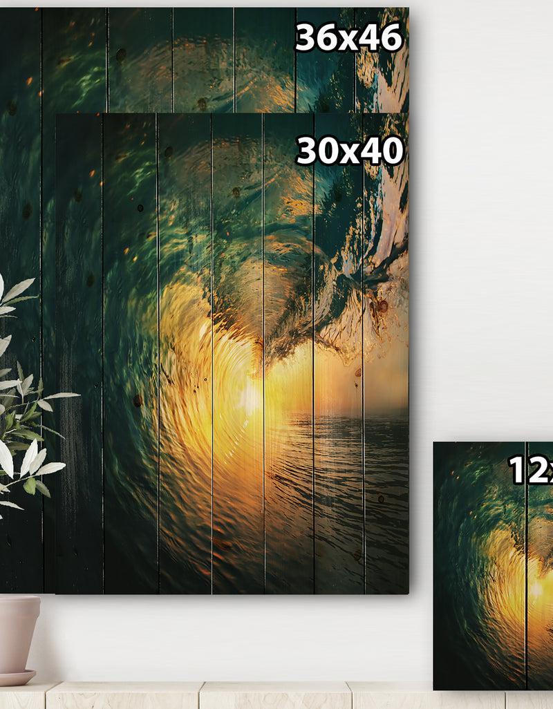 Designq Colored Ocean Waves Falling Down VI - Modern Seashore Print On Natural Pine Wood