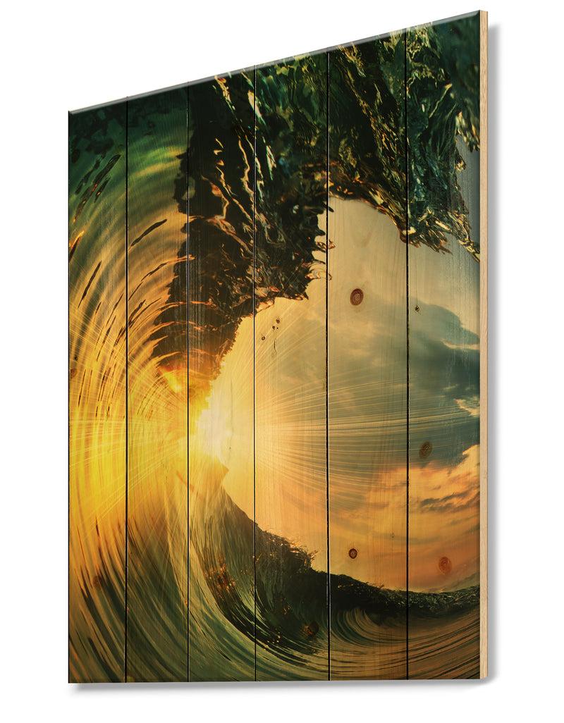 Designq Colored Ocean Waves Falling Down VII - Modern Seashore Print On Natural Pine Wood
