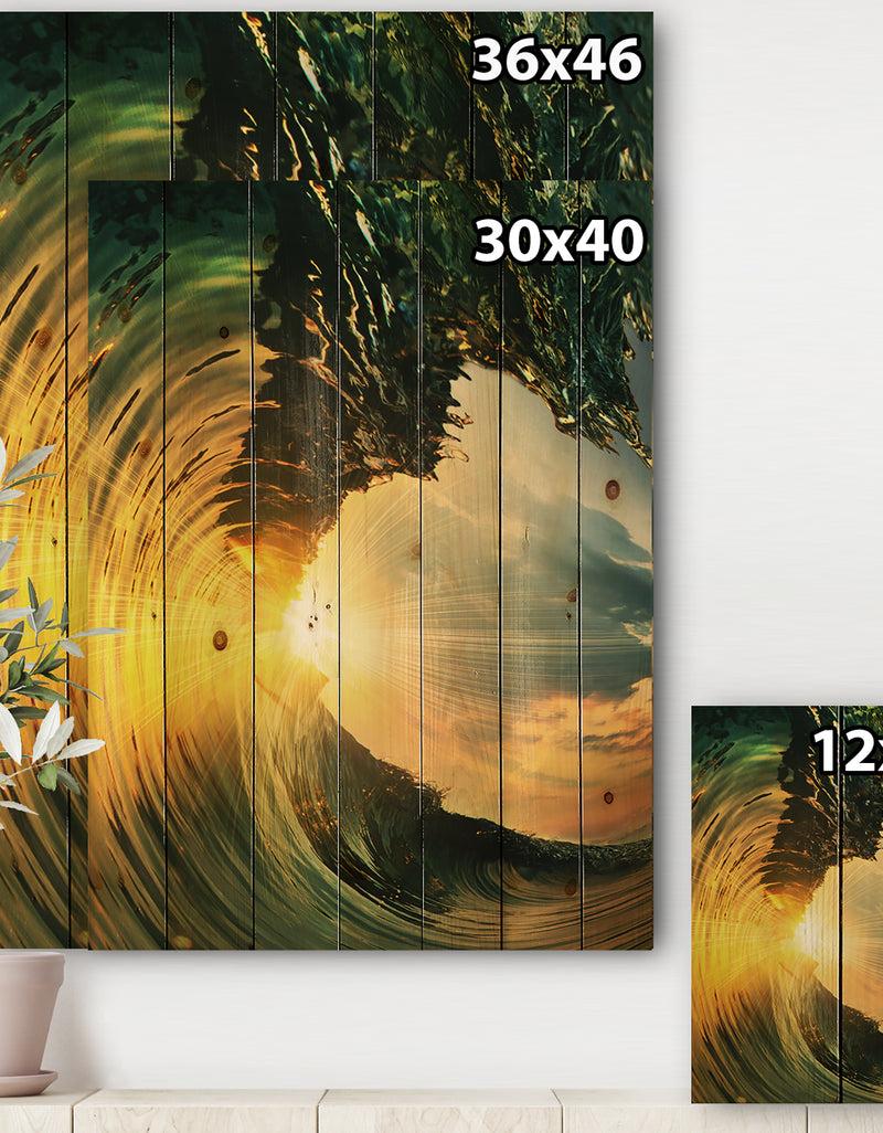 Designq Colored Ocean Waves Falling Down VII - Modern Seashore Print On Natural Pine Wood