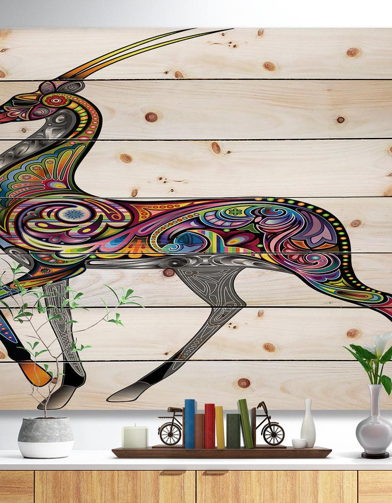 designq Colorful Antelope - Animal Print on Natural Pine Wood