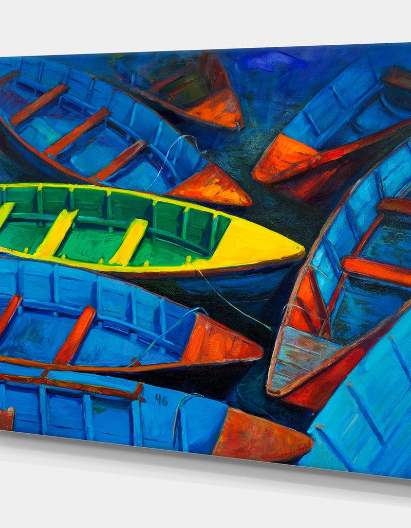 Designq Colorful Boats And Jetty - Nautical Painting Print On Wrapped Canvas