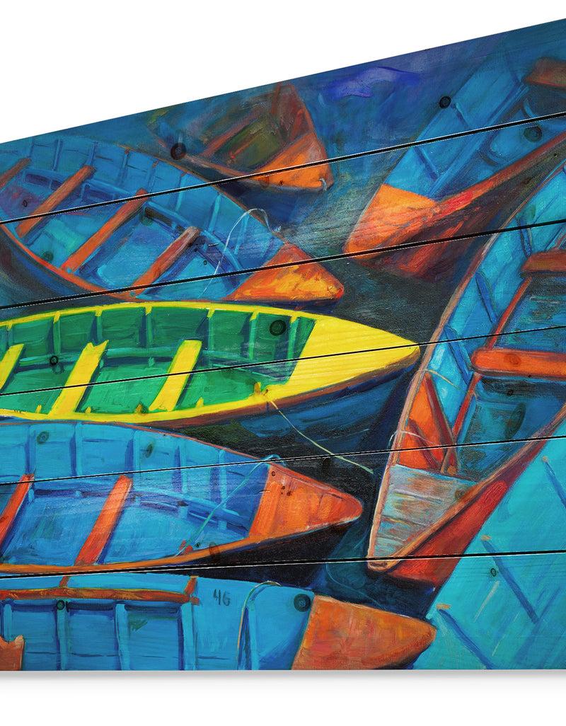 Designq Colorful Boats And Jetty - Nautical Painting Print On Natural Pine Wood