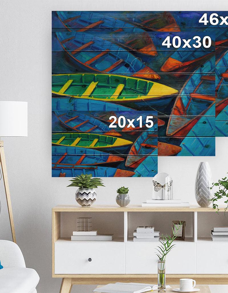Designq Colorful Boats And Jetty - Nautical Painting Print On Natural Pine Wood