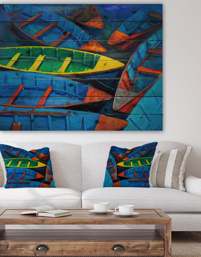 designq Colorful Boats and Jetty - Nautical Painting Print on Natural Pine Wood