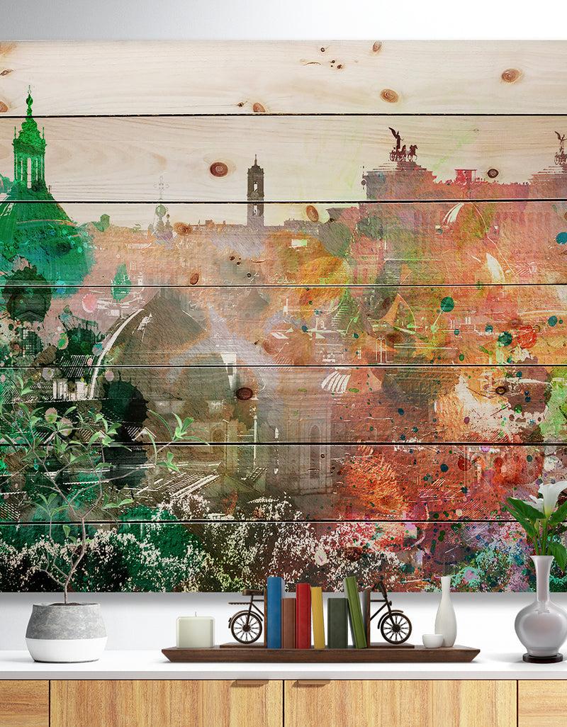 designq Colorful City Watercolor - Landscape Print on Natural Pine Wood