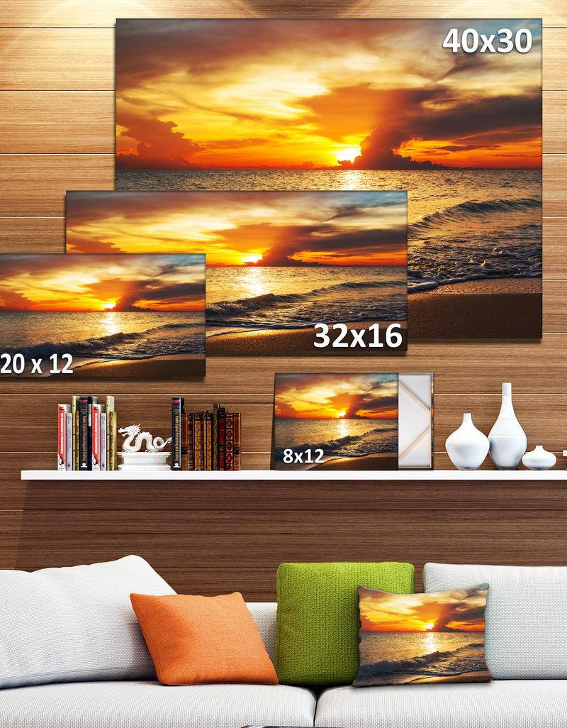 Designq Colorful Dramatic Sunset Over Waves - Modern Beach Canvas Art Print