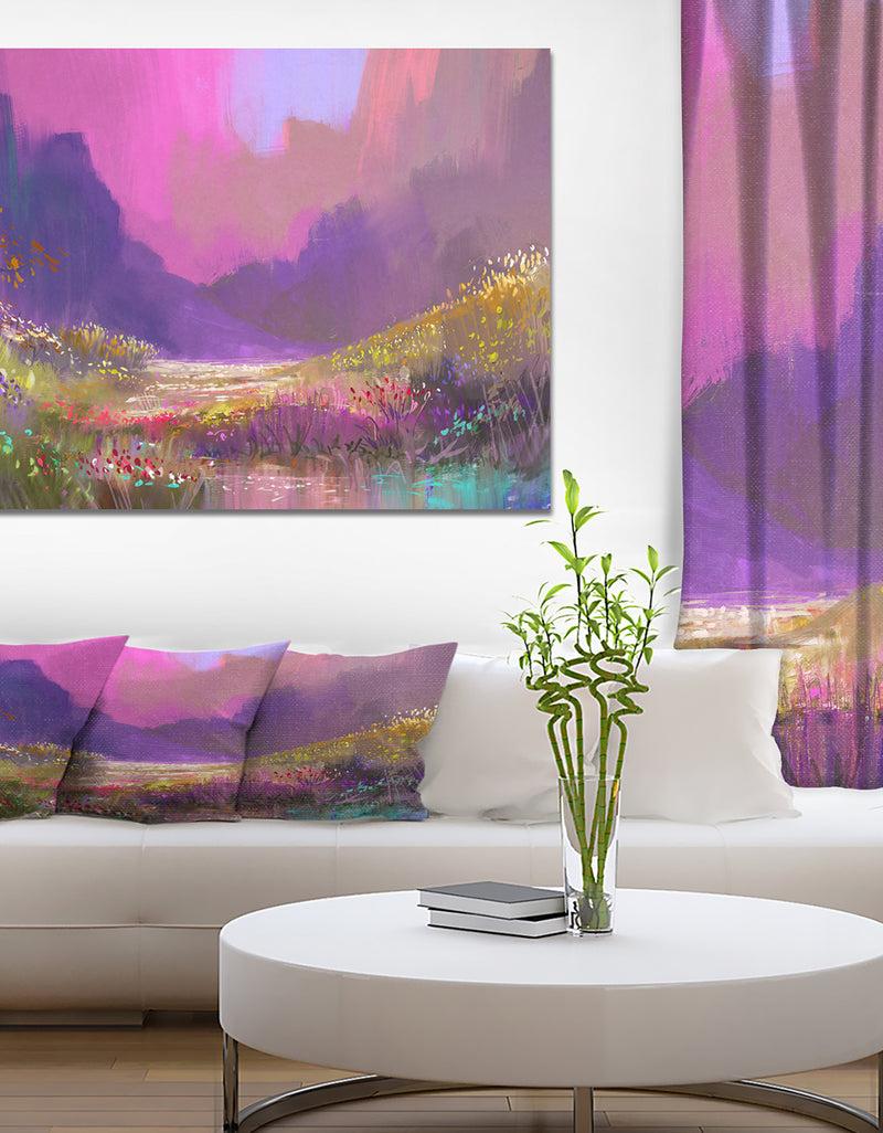 designq Colorful Flower with Mountain View - Landscapes Painting Print on Wrapped Canvas