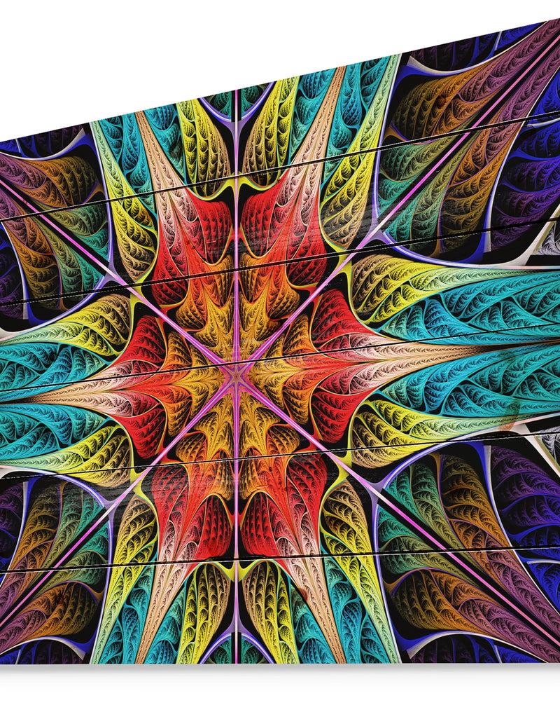 Designq Colorful Fractal Stained Glass - Abstract Print On Natural Pine Wood