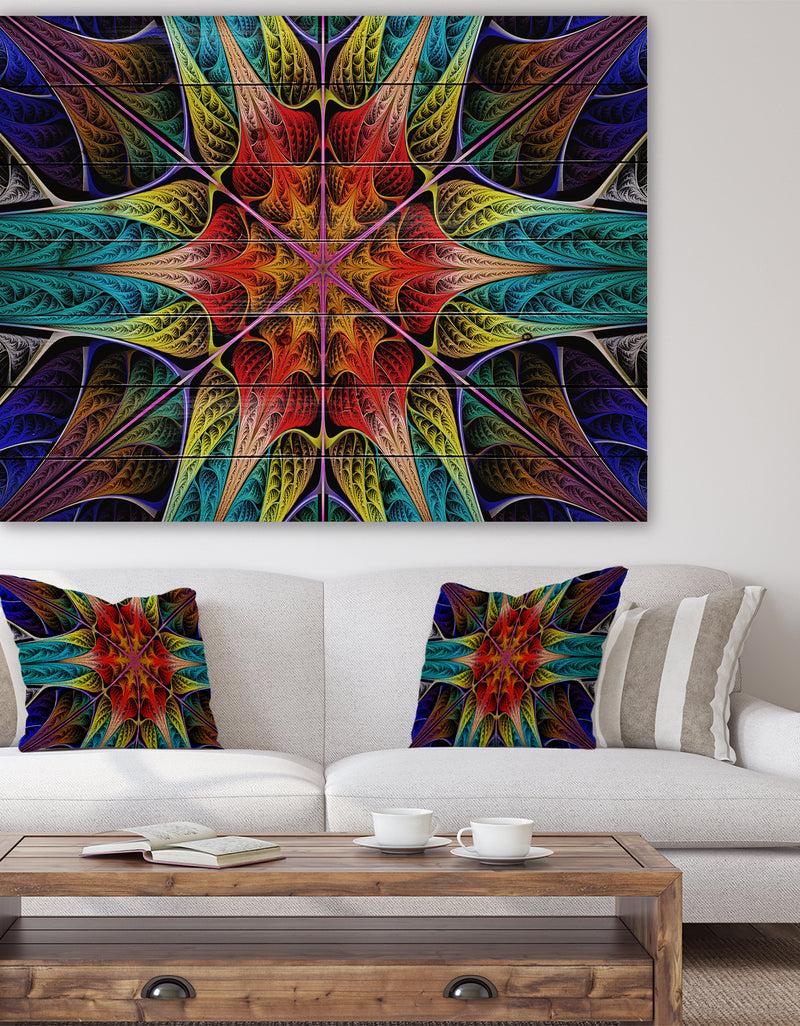 designq Colorful Fractal Stained Glass - Abstract Print on Natural Pine Wood