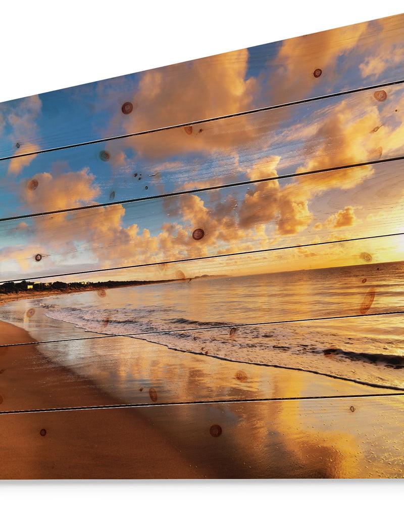 Designq Colorful Sunset On The Beach - Landscape Print On Natural Pine Wood