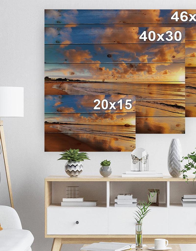 Designq Colorful Sunset On The Beach - Landscape Print On Natural Pine Wood