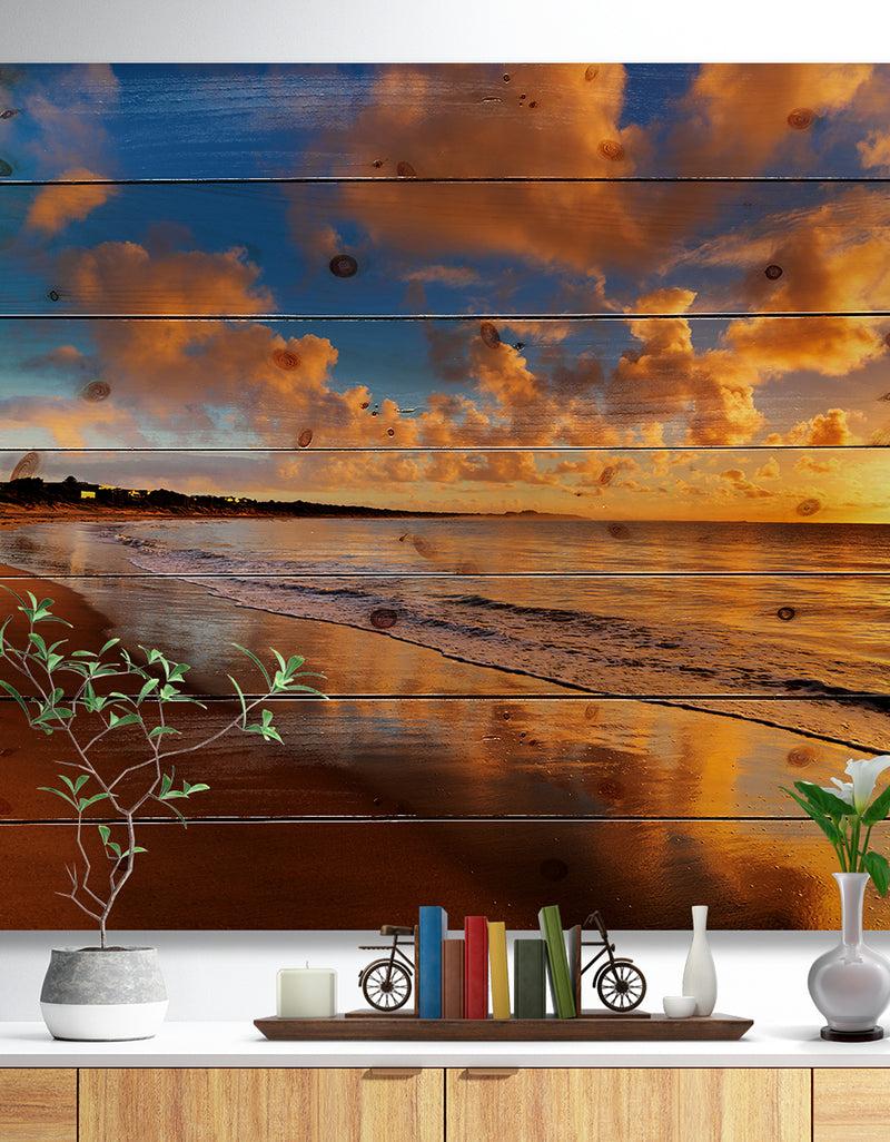 designq Colorful Sunset on the Beach - Landscape Print on Natural Pine Wood