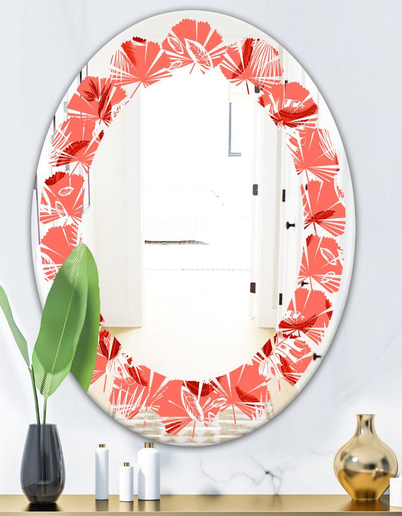 Designq Coral Flowers Of Bird Of Paradise - Modern Round Or Oval Wall Mirror - Leaves