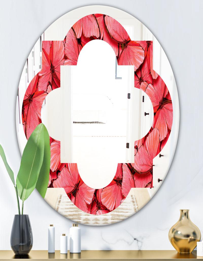 Designq Coral Pink Butterflies - Modern Round Or Oval Wall Mirror - Quatrefoil