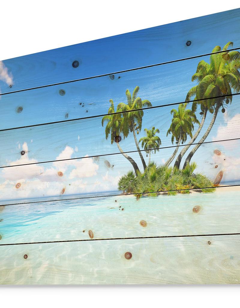 Designq Corals Island Under Blue Sky - Seascape Print On Natural Pine Wood