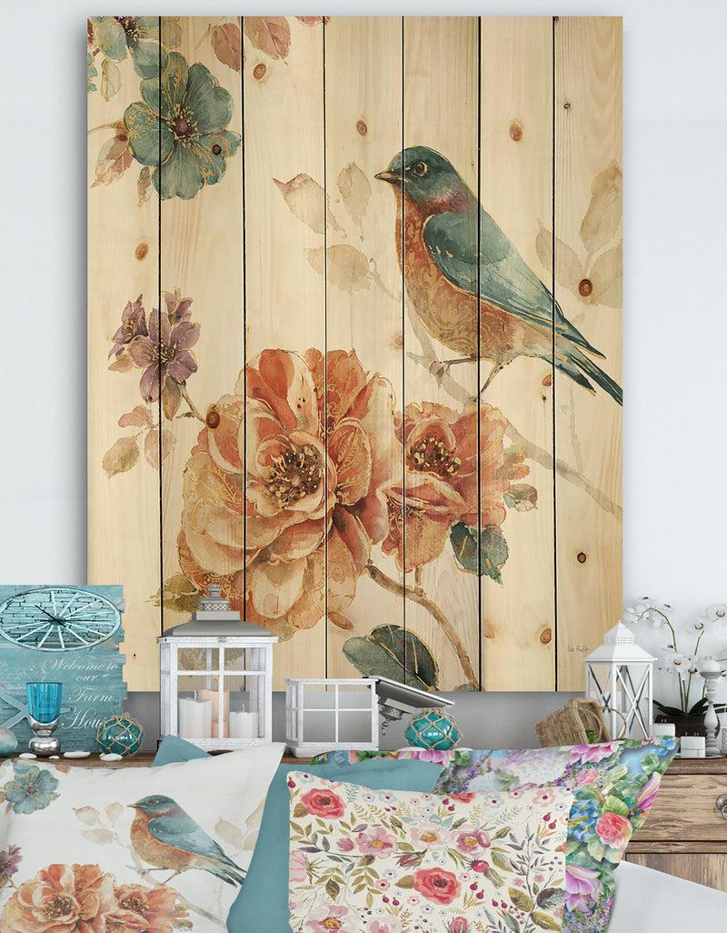 designq Cottage Bird on Orange Flower Twig - Traditional Print on Natural Pine Wood