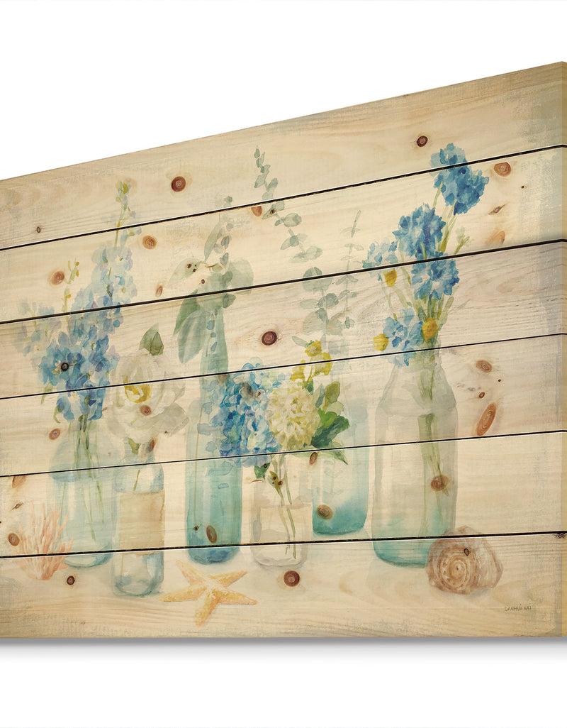 Designq Cottage Florals I - Farmhouse Print On Natural Pine Wood