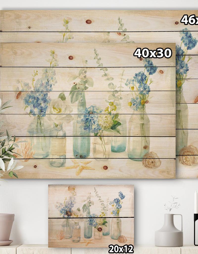 Designq Cottage Florals I - Farmhouse Print On Natural Pine Wood