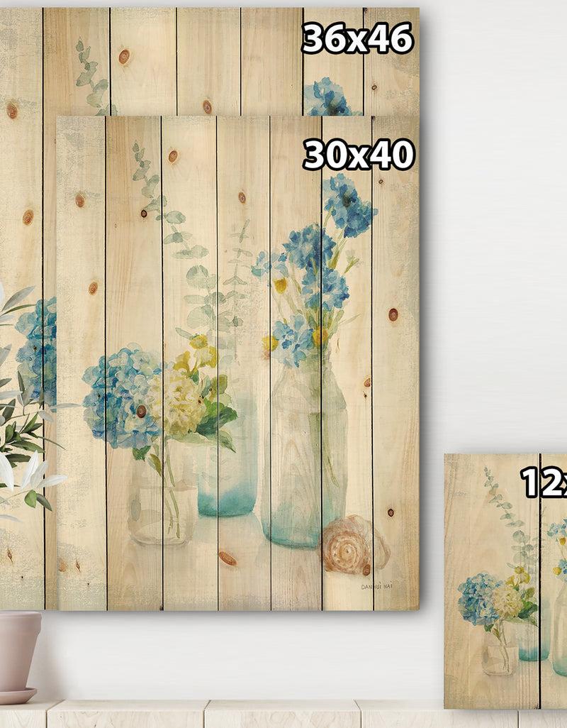 Designq Cottage Florals III - Farmhouse Print On Natural Pine Wood