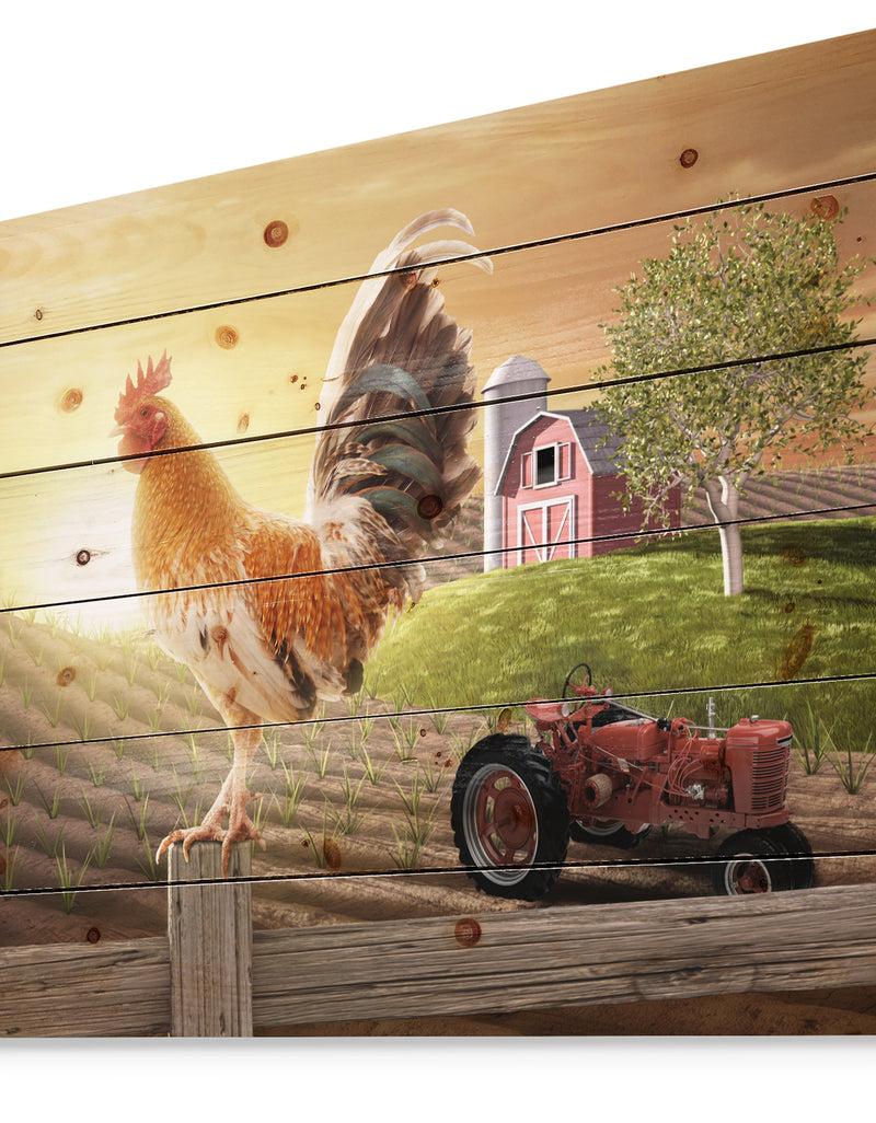Designq Country Farm Morning - Farmhouse Animal Painting Print On Natural Pine Wood