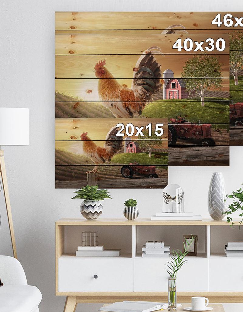 Designq Country Farm Morning - Farmhouse Animal Painting Print On Natural Pine Wood