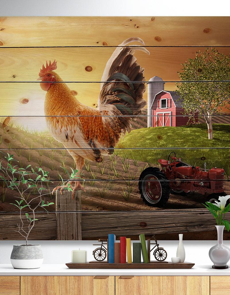 designq Country Farm Morning - Farmhouse Animal Painting Print on Natural Pine Wood