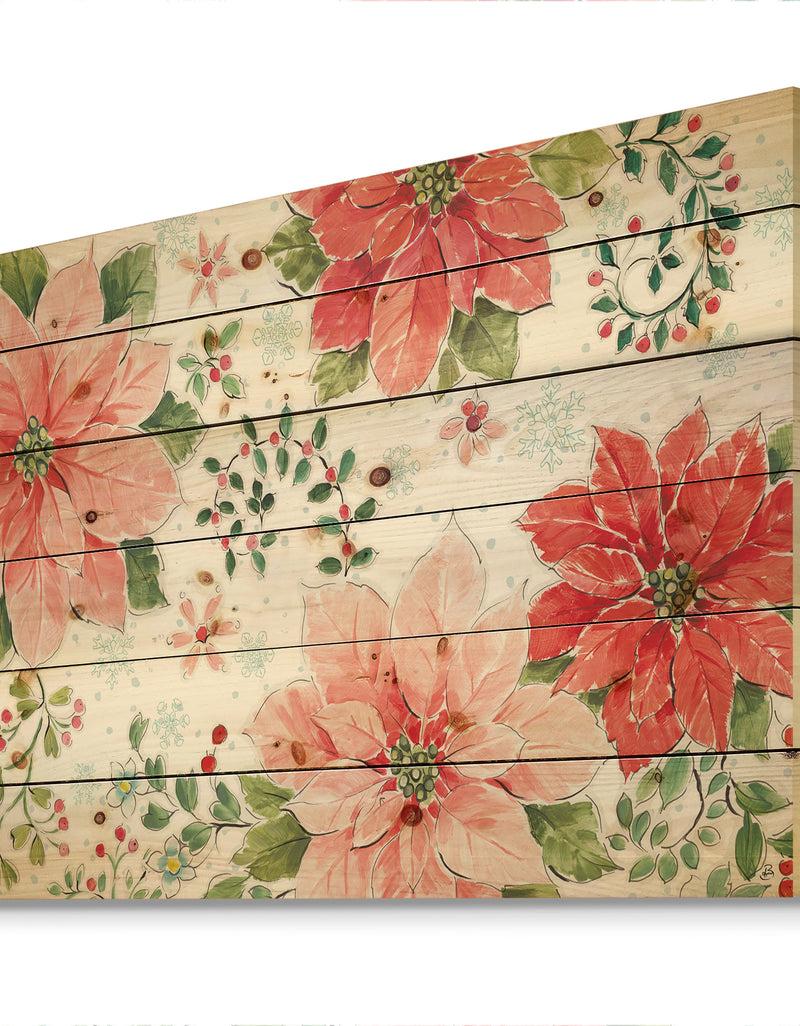 Designq Country Flower Snowflakes I - Farmhouse Print On Natural Pine Wood