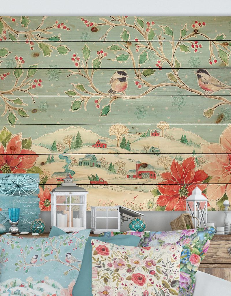 designq Country Flower snowflakes II - Farmhouse Print on Natural Pine Wood