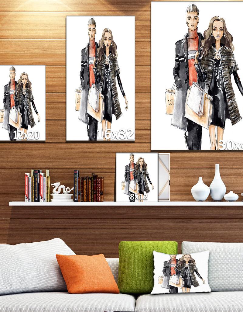 Designq Couples Waking Along Side - Glamour Painting Print On Wrapped Canvas