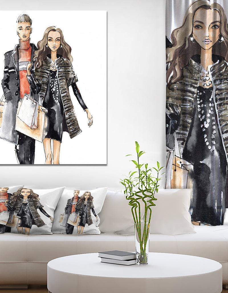 designq Couples Waking Along side - Glamour Painting Print on Wrapped Canvas