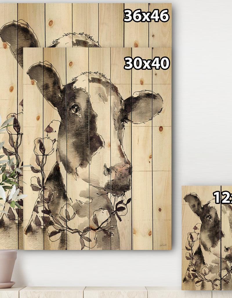 Designq Cow Portrait Country Life - Wildlife Print On Natural Pine Wood