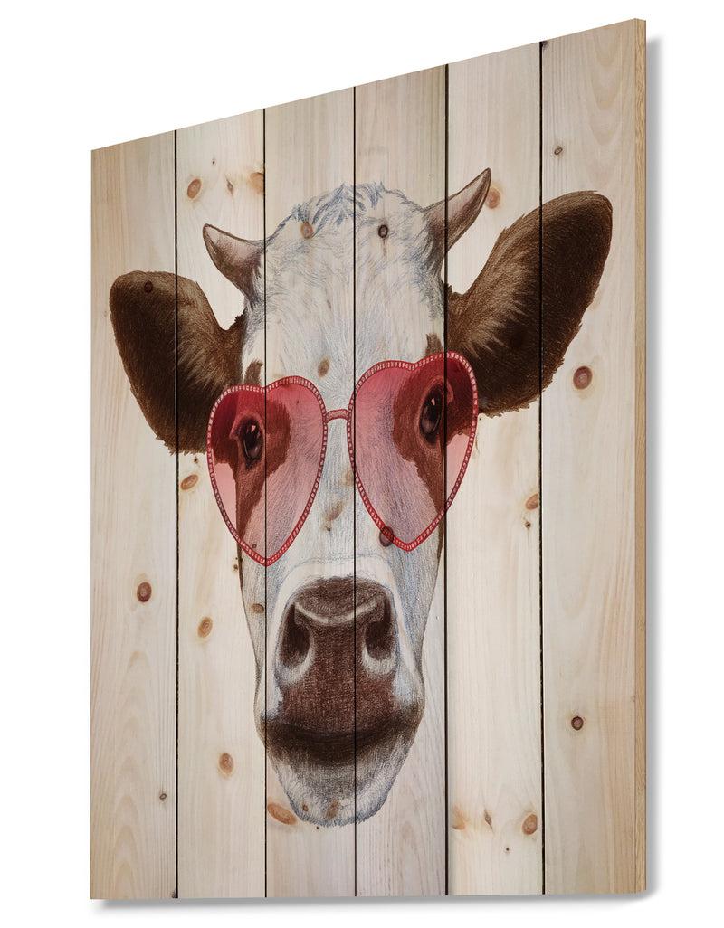 Designq Cow With Red Heart Glasses - Animal Print On Natural Pine Wood