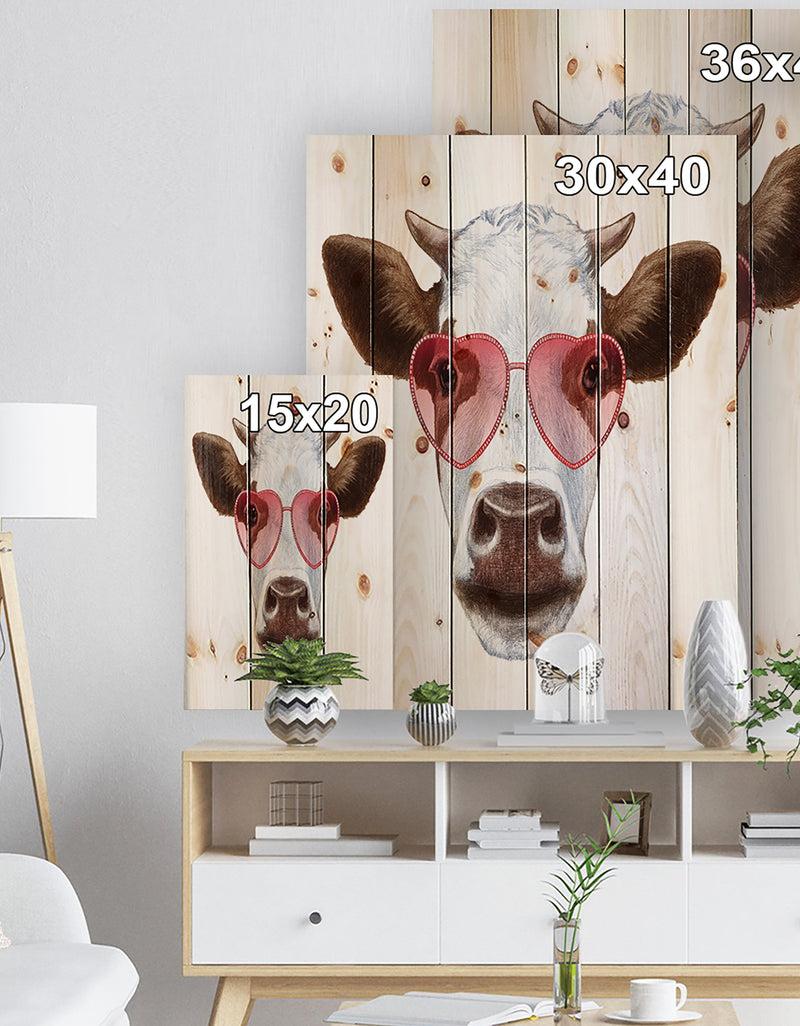 Designq Cow With Red Heart Glasses - Animal Print On Natural Pine Wood