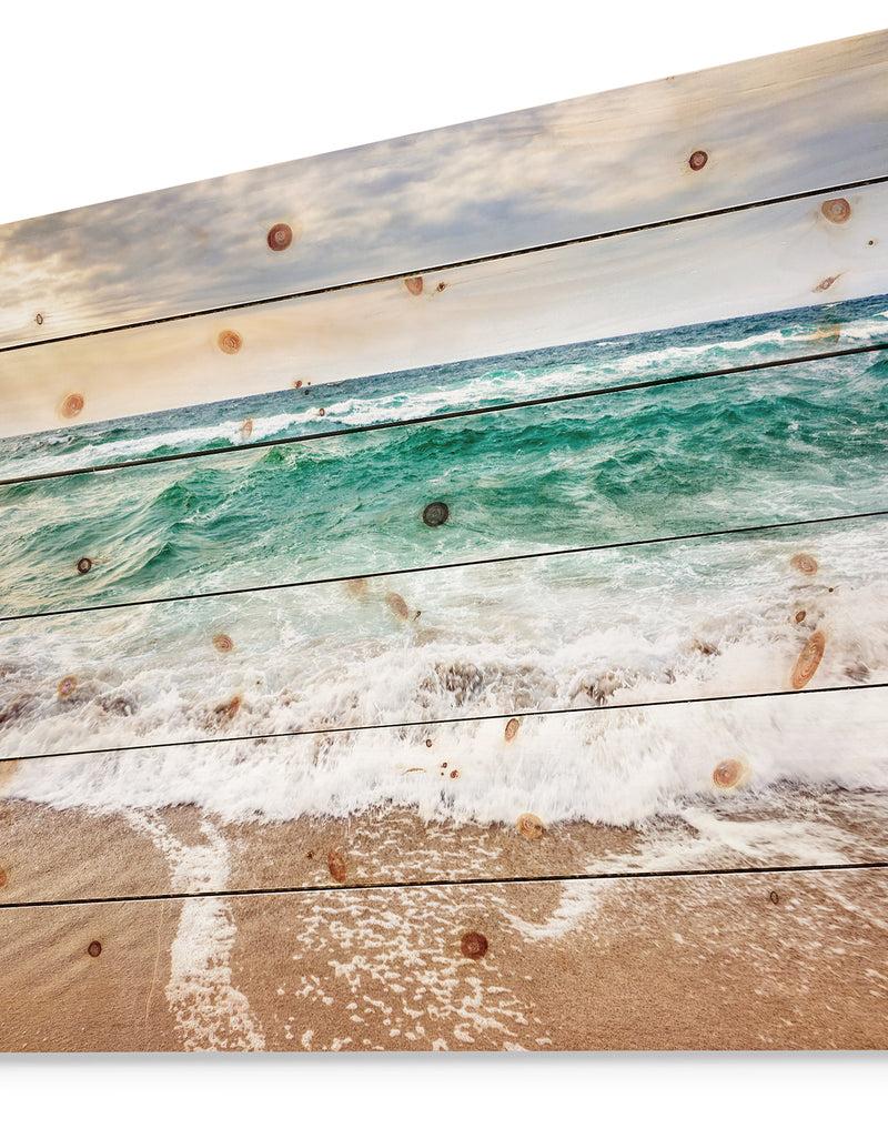 Designq Crystal Clear Blue Foaming Waves - Seascape Print On Natural Pine Wood